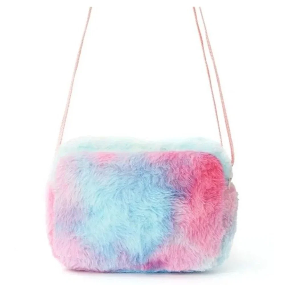 Cotton Candy FUR Sequin BUTTERFLY Crossbody Bag Purse Plush Furry